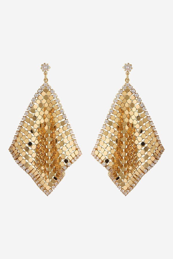 Серьги из металлической сетки в форме ромбов с камнями