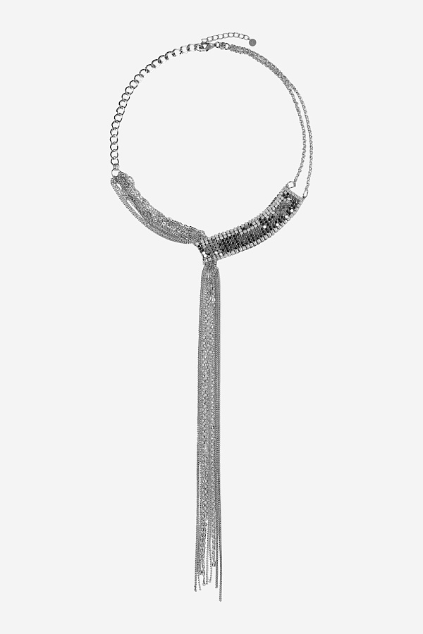 Колье с цепочками и металлической сеткой с камнями