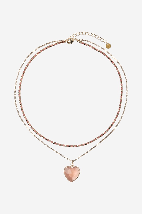 Колье с розовыми камнями и сердцем двойное