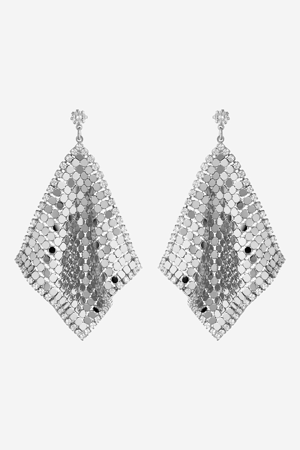 Серьги из металлической сетки в форме ромбов с камнями